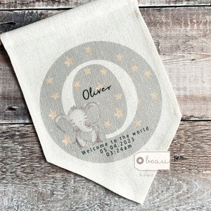 Personalised New baby Flag New baby gift Birth Gift Nursery Decor Welcome to the world Elephant Newborn  Linen Style Pennant Flag Room Decor
