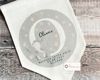 Personalised New baby Flag New baby gift Birth Gift Nursery Decor Welcome to the world Elephant Newborn  Linen Style Pennant Flag Room Decor