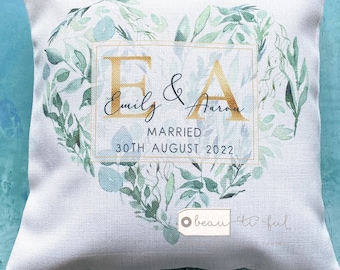 Personalised wedding gift Married Mr Mrs Home Quote Eucalyptus Heart Greenery Design Home Quote Linen Style Cushion cover