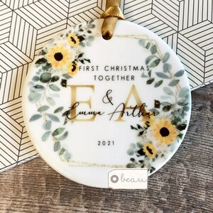 Personalised First Christmas Together Engaged Sunflower floral Design Ceramic or Acrylic Round Ornament Keepsake