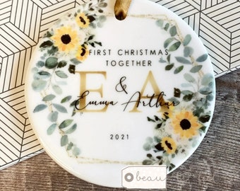 Personalised First Christmas Together Engaged Sunflower floral Design Ceramic or Acrylic Round Ornament Keepsake