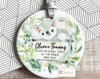 Personalised New Baby Boy Girl Newborn Koala greenery Design Ceramic or Acrylic Round Ornament Keepsake