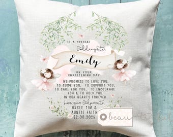 Personalised Christening Baptism Gift Promise to Godchild Godson Goddaughter Teddy bear Balloon Linen Style Cushion Godparent Godmother