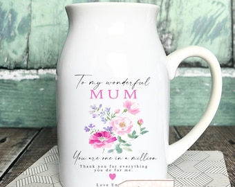 Personalised Floral Ceramic Vase Jug Mug, Mother's Day Gift, Mum Grandma Nanna Birthday Easter