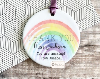 Personalised Thank you teacher teaching assistant nursery teacher Pastel Rainbow Ceramic or acrylic Round Decoration Ornament Keepsake