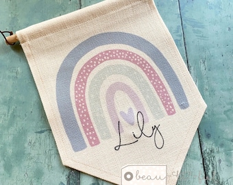 Personalised Name Pink Lilac Pastel Rainbow Design Home Quote Boho Linen Style Pennant Flag Room Decor