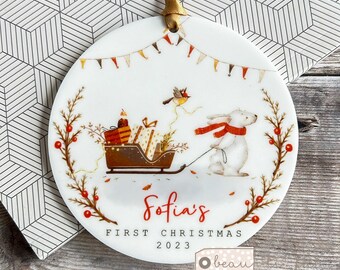 Personalised First Christmas gift Woodland Sleigh scene Rabbit Acrylic or ceramic Round Ornament Keepsake Tree Decoration Child boy girl