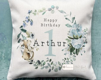 Personalised Happy Birthday Age First 1st 2nd 3rd Boy Blue Rabbit Design Wreath  Linen Style Cushion cover - Baby Boy