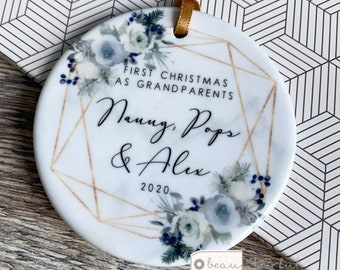Personalised First Christmas as Grandparents Gran Grandma Nanna New Baby Christmas floral Design Ceramic or Acrylic Round Ornament Keepsake
