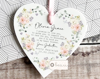 Personalised Promise to Godchild Christening Baptism Gift Godparents Godmother Godson Goddaughter Peach Floral Heart Ornament Keepsake
