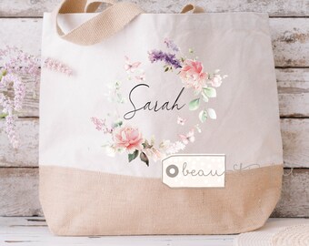 Personalised tote jute bag wildflower Pink Floral gift Shopping bag Reusable bag Lunch Bag Friend Gift Relative gift
