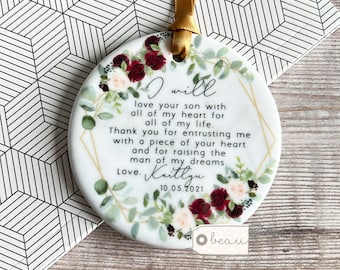 Personalised Mother of Groom Bride Thank you from Bride Groom Quote Greenery Ceramic or Acrylic Round Decoration Ornament Wedding Keepsake