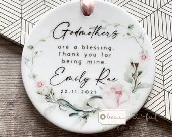 Personalised Thank you Godmother Godfather Godparents Christening Baptism Quote Pink Floral greenery Design Ceramic Round Ornament Keepsake