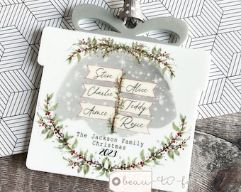 Personalised Christmas family gift Signpost Greenery Berries present shaped Acrylic Ornament Keepsake Tree decoration Bauble