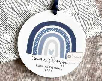 Personalised First Christmas gift Baby Baby’s Boy Girl Newborn Rainbow Design Ceramic or Acrylic Round Ornament Keepsake