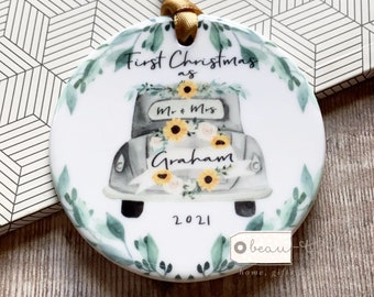 Personalised First Christmas gift Mr & Mrs Wedding Sunflower Greenery Vintage car Ceramic or acrylic Round Decoration Ornament Keepsake