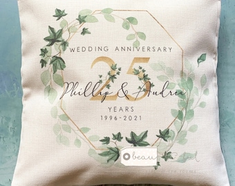 Personalised Names Wedding anniversary 25th 50th Home Quote Ivy greenery Design Home Quote Linen Style Cushion cover