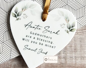 Personalised Will you be my Godmother Godfather Godparents Proposal Christening Baptism Quote Greenery Acrylic Heart Keepsake Ornament