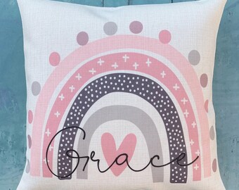 Personalised Name Lilac pink Pastel Rainbow Design Home Quote Boho Linen Style Cushion cover