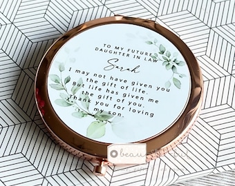 Personalised Future Wonderful Daughter in law Name Foliage Greenery Round Rose Gold Compact Pocket Mirror  Keepsake