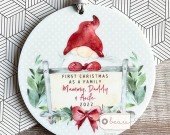 Personalised 1st First Christmas as a family Santa Gnome Mummy Daddy Mammy Mommy New Baby Greenery Design Acrylic Round Ornament Keepsake