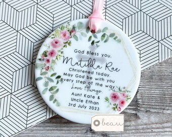 Personalised God bless you Christening Baptism Gift Godchild Goddaughter Niece  Pink floral Ceramic or acrylic Round Ornament Keepsake