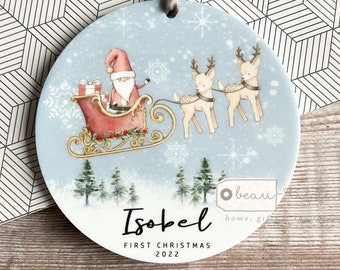 Personalised 1st First Baby Christmas Tree Santa Sleigh Christmas gift Bauble Acrylic or ceramic Round Ornament Keepsake Decoration gift