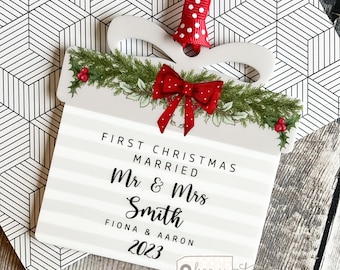 Personalised First Christmas Married Wedding gift Mr Mrs gift Design Acrylic present shaped Ornament tree Keepsake bauble