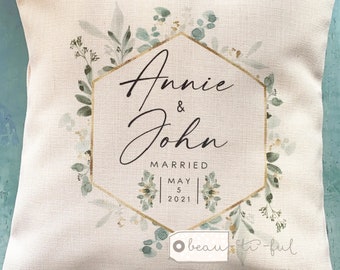 Personalised Wedding gift Married Mr Mrs Home gift Bride Groom Greenery Design Home Quote Linen Style Cushion cover Anniversary gift Couple