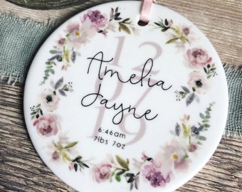 Personalised New arrival  New Baby Boy Girl Newborn Blush pink floral Design Ceramic or Acrylic Round Ornament Keepsake