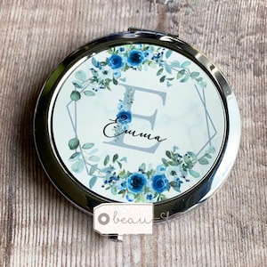 Personalised Name and initial Blue Floral Greenery Round Rose Gold Silver Compact Pocket Mirror Keepsake Bridesmaid Gift
