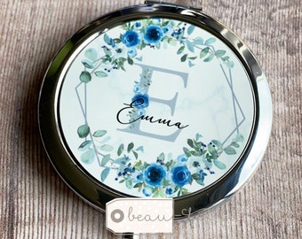 Personalised Name and initial Blue Floral Greenery Round Rose Gold Silver Compact Pocket Mirror Keepsake Bridesmaid Gift