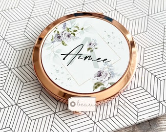Personalised Bridesmaid gift Friend gift lilac floral Round Rose Gold Compact Pocket Mirror Keepsake Gift for her gift for bride