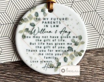 Personalised Future Wonderful Mother parents in law Wedding gift Geometric Greenery Ceramic or Acrylic Round Decoration Ornament Keepsake