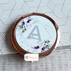 Personalised Name and initial Lavender Purple Floral Greenery Round Rose Gold Silver Compact Pocket Mirror Keepsake Bridesmaid Gift