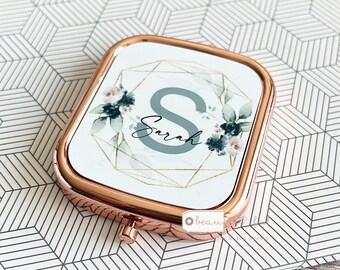 Personalised Name and Initial.. Pretty Navy Blush floral Greenery Square Rose Gold Compact Pocket Mirror Keepsake