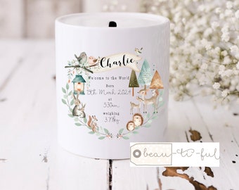 Personalised New Baby Boy Girl Newborn Birth Gift Welcome to the world Woodland Animals Ceramic First Money Coin Box