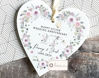 Personalised Wedding Anniversary gift couple Mr & Mrs 25th 50th 1st 40th 35th Greenery Acrylic heart Decoration Ornament Keepsake