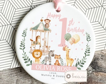 Personalised First 1st Happy Birthday gift safari animals floral Greenery Ceramic or Acrylic Round Decoration Ornament Keepsake