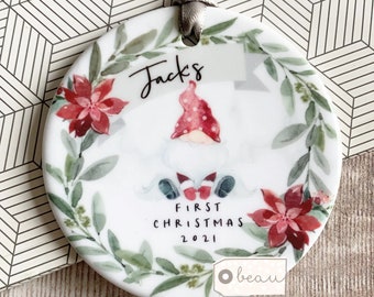 Personalised First Christmas gift Christmas Bauble Santa Gnome Baby Boy Girl Newborn Design Ceramic or Acrylic Round Ornament Keepsake