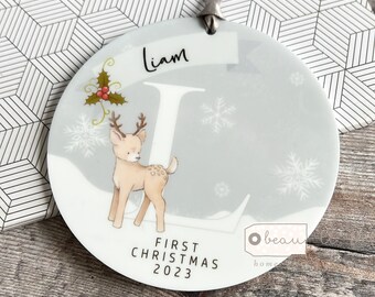 Personalised Baby Babies Baby’s First Christmas Boy Girl Newborn Deer Snowflake Design Ceramic or Acrylic Round Ornament Keepsake