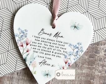 Personalised Bonus Mum Mom Stepmum stepmom Like a mum Thank you Quote wildflower Greenery Acrylic heart Ornament Wedding Keepsake