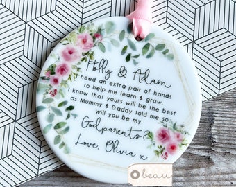 Personalised Will you be my Godmother Godfather Godparents Proposal Christening Baptism floral Greenery Ceramic or Acrylic Round Keepsake