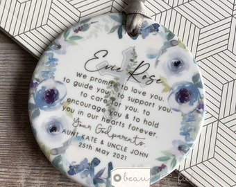 Personalised Promise to Godchild Christening Baptism Baby Boy Girl Blue Grey floral Design Ceramic Round Ornament Keepsake