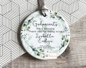 Personalised Thank you Godmother Godfather Godparents Christening Baptism Quote greenery Design Ceramic or Acrylic Round Ornament Keepsake