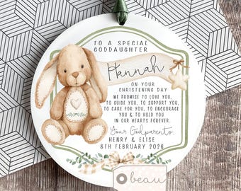 Personalised Christening Baptism Gift, Gift to Goddaughter Godson, Promise to Godchild, From Godparents Godmother Rabbit Ornament Keepsake