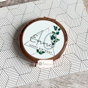 Personalised Name Age  Milestone 18 21 30 40 50 60 Modern Greenery Round Rose Gold Compact Pocket Mirror Keepsake