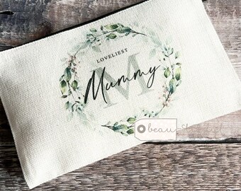 Personalised Loveliest Mum Grandma Mummy Gran Auntie Pink Greenery Wreath Linen style Fabric Make up Bag Birthday gift for her sister friend