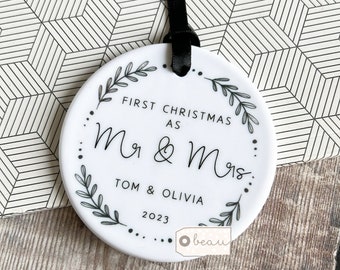 Personalised First Christmas as Married Wedding gift Mr Mrs Newlywed wreath Greenery Design Ceramic or Acrylic Round Ornament Keepsake