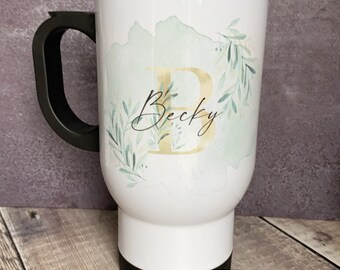 Personalised Name and Initial Greenery Gold leaf Design Travel Mug